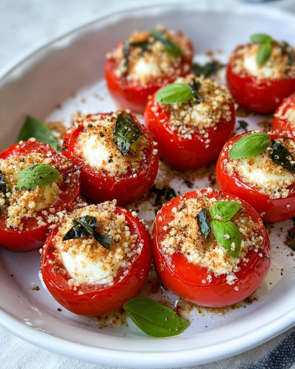 A white dish filled with baked Caprese Stuffed Cherry Tomatoes topped with breadcrumbs and fresh basil leaves.