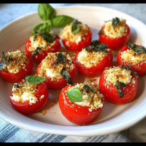Close-up of several Caprese Stuffed Cherry Tomatoes baked with a breadcrumb topping and basil.
