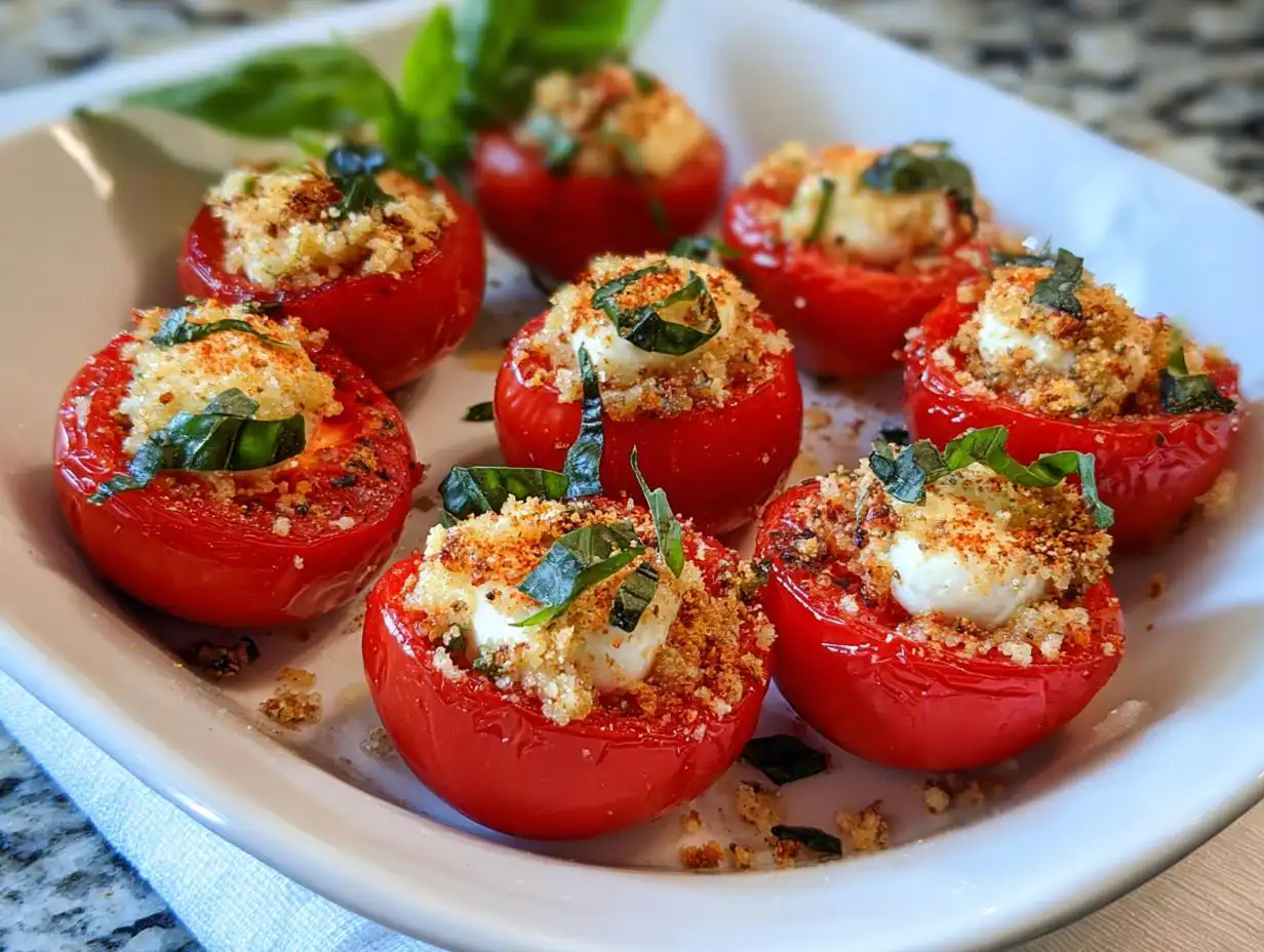 A white platter holding several bright red Caprese Stuffed Cherry Tomatoes topped with mozzarella and breadcrumbs.