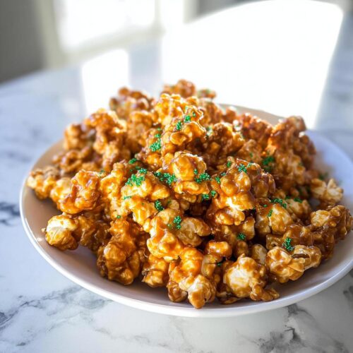 A white bowl filled with glossy Caramel Leprechaun Popcorn topped with vibrant green sprinkles.