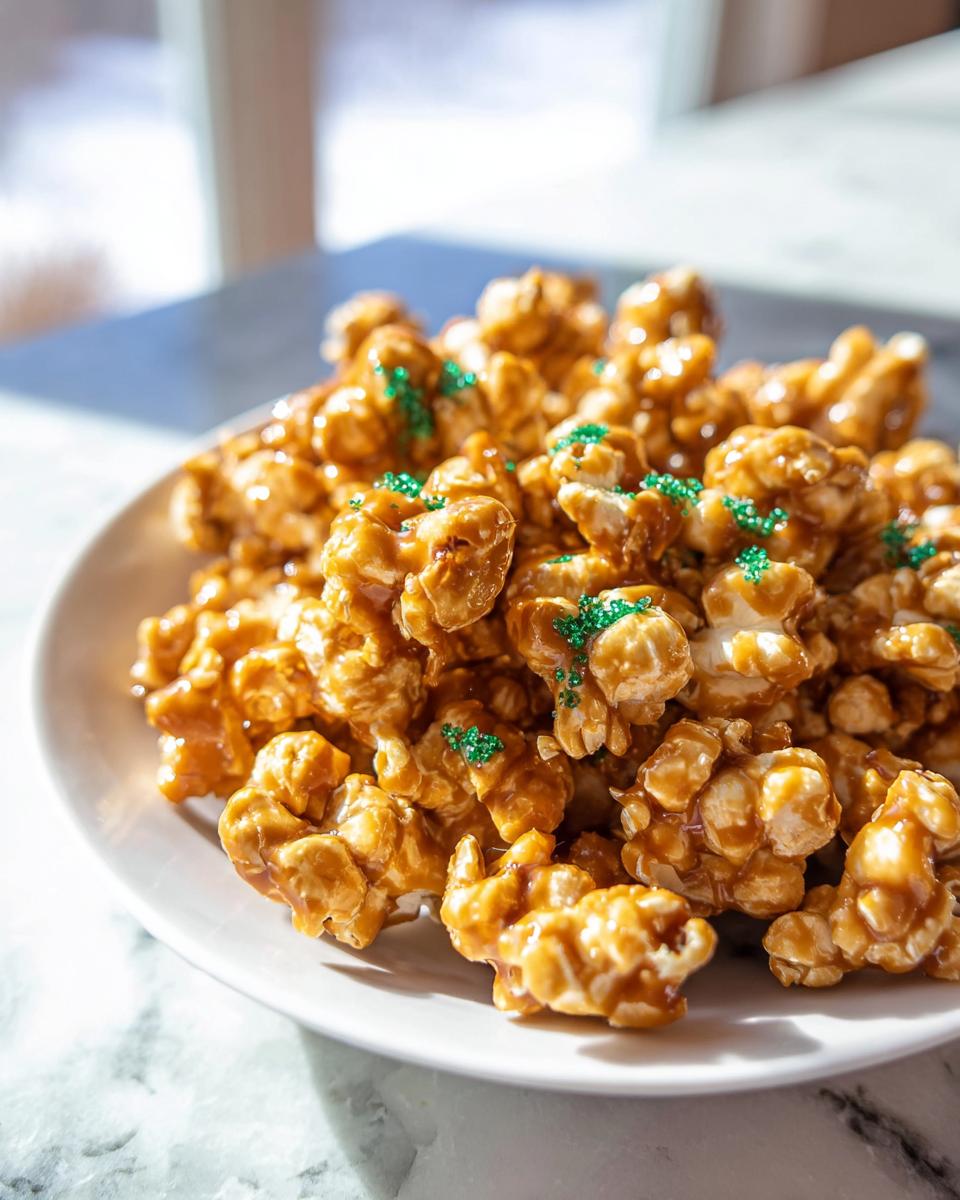 A close-up shot of glossy Caramel Leprechaun Popcorn piled high on a white plate, topped with bright green sprinkles.