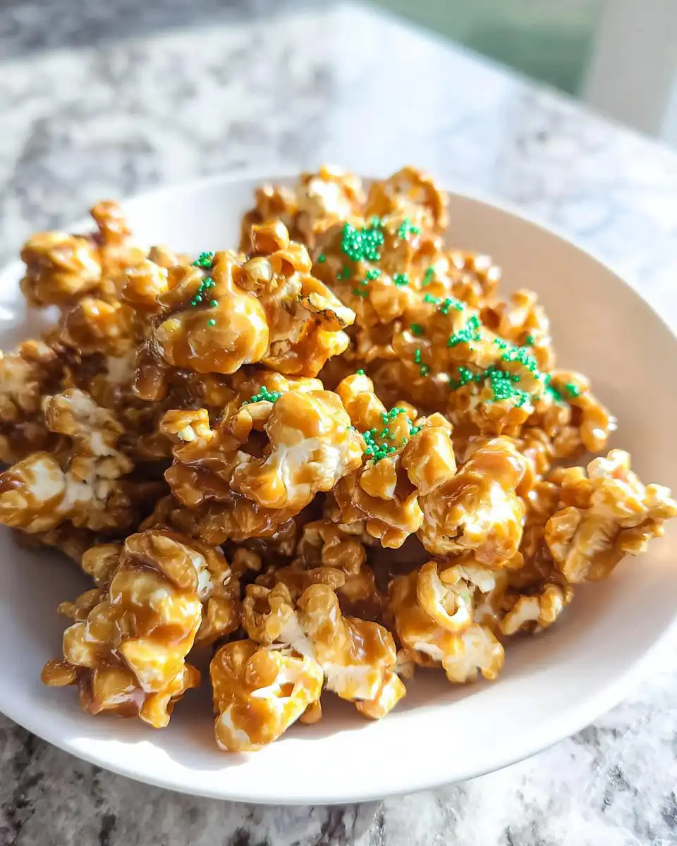Close-up of Caramel Leprechaun Popcorn coated in glossy caramel and topped with bright green sprinkles.