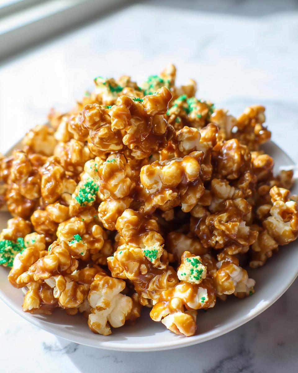 A close-up of a pile of glossy Caramel Leprechaun Popcorn coated in rich caramel and sprinkled with festive green sugar.