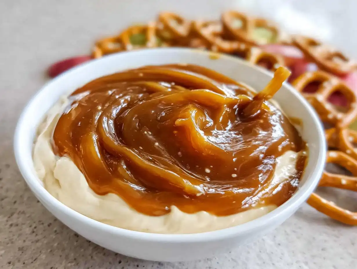 A white bowl filled with creamy dip topped with swirling, glossy Caramel Pretzel Dip, with pretzels visible in the background.