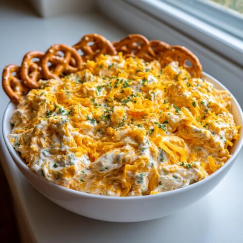 A close-up of creamy Cheddar Ranch Pretzel Dip topped with shredded cheese and parsley, served with pretzels around the rim.