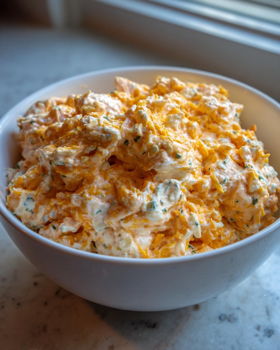 A close-up of a white bowl filled with thick, creamy Cheddar Ranch Pretzel Dip featuring shredded orange cheese and green herbs.