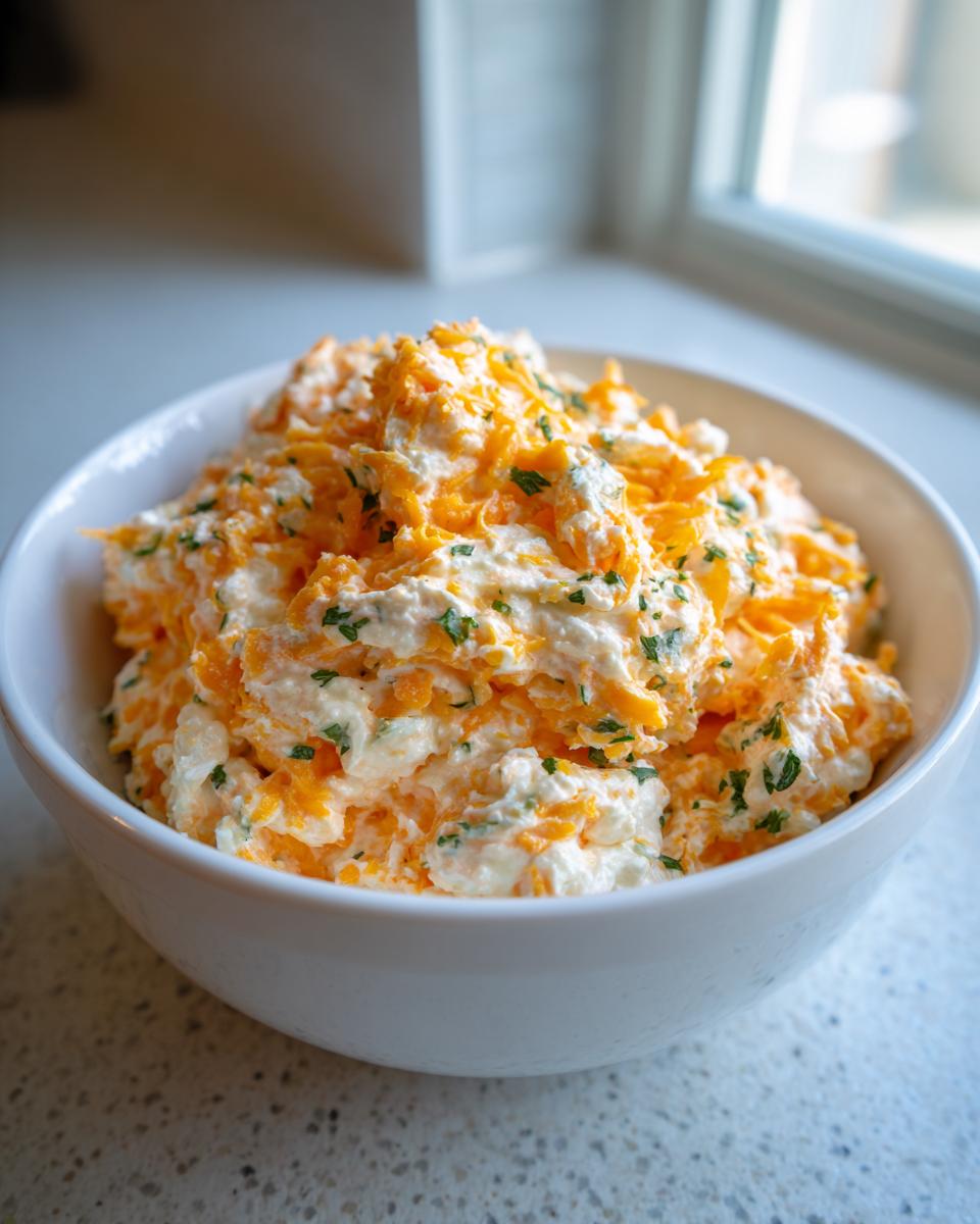 A white bowl filled with thick, creamy Cheddar Ranch Pretzel Dip topped with shredded orange cheddar and green herbs.