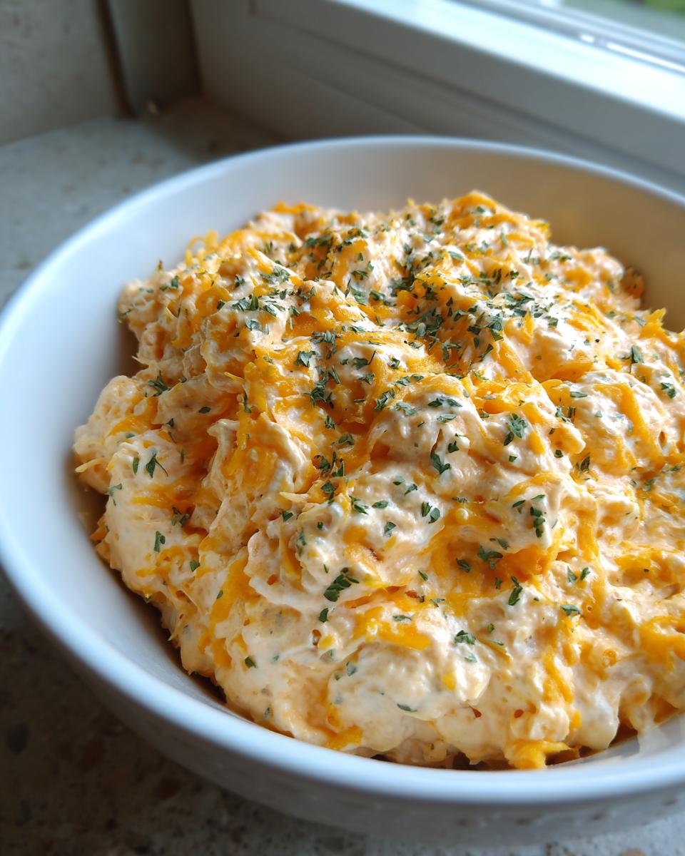 A close-up of creamy Cheddar Ranch Pretzel Dip topped with shredded cheddar and parsley in a white bowl.