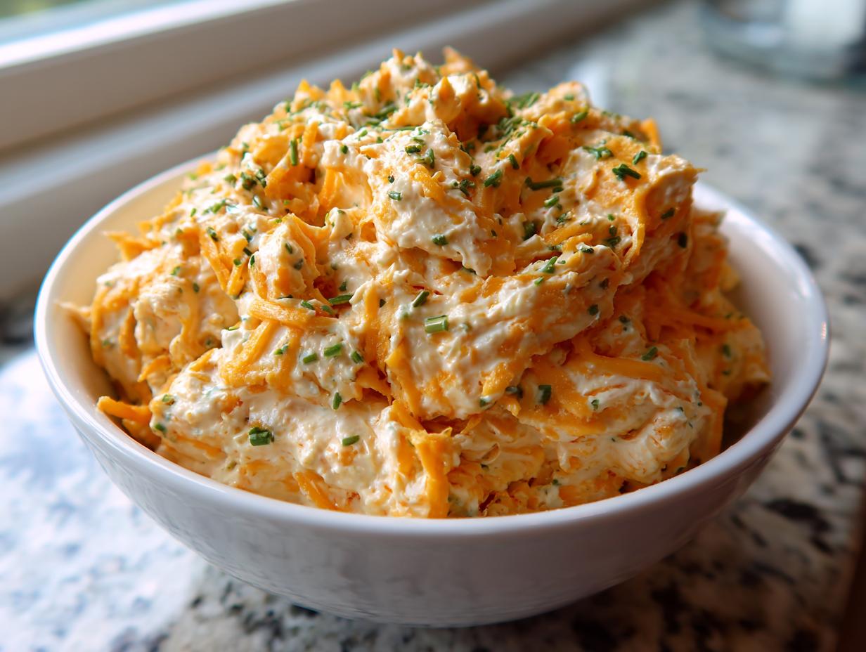 A white bowl filled high with creamy Cheddar Ranch Pretzel Dip, topped with shredded cheddar and fresh chives.