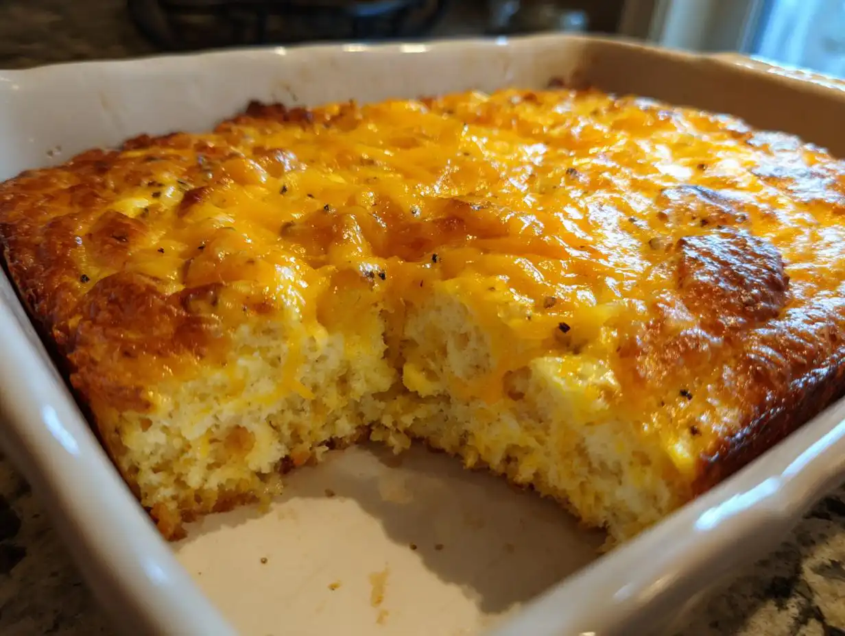 A golden brown baked breakfast casserole topped with melted cheddar cheese, showing a serving removed.