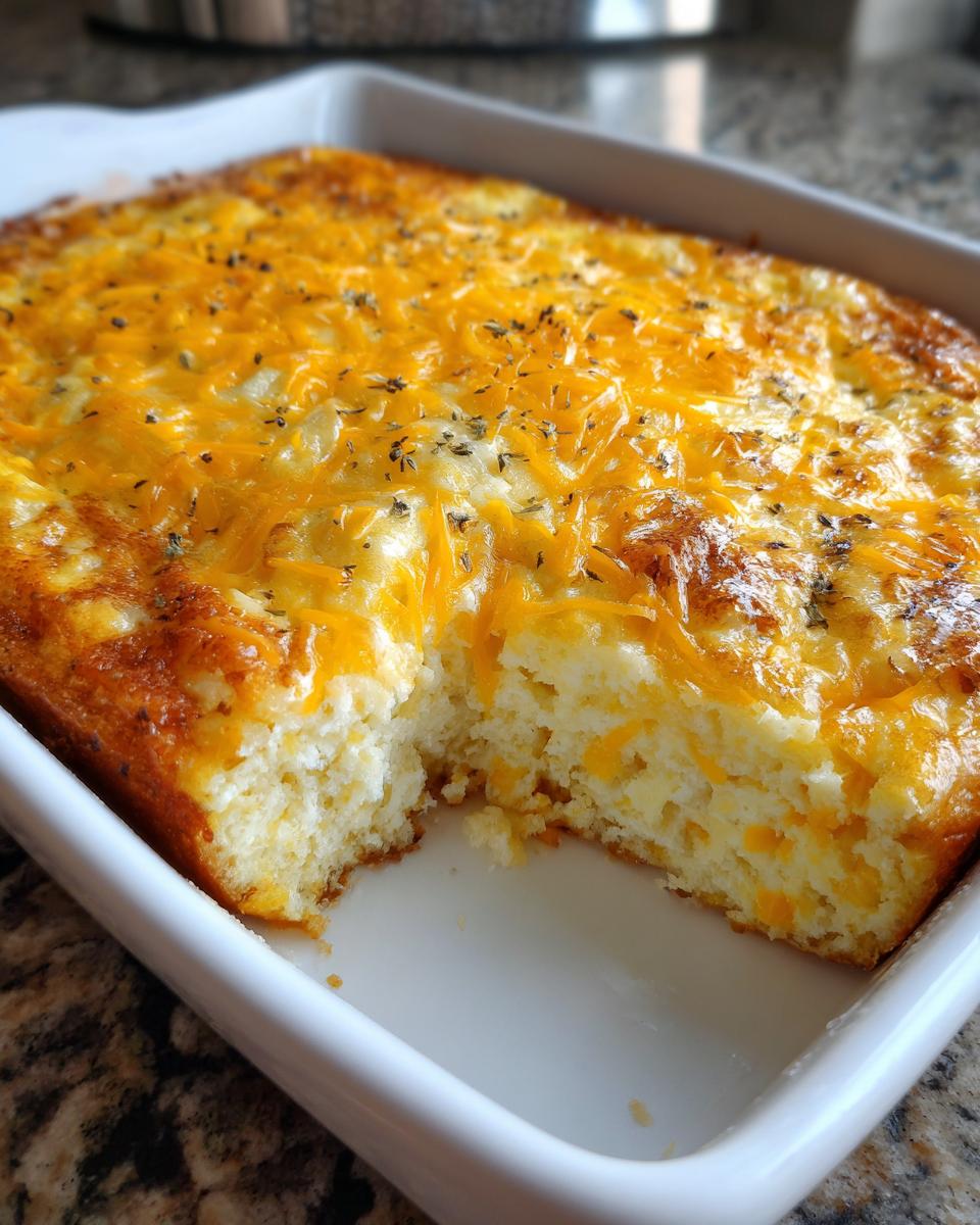 A square, cheesy egg casserole with a piece removed, perfect as an Easy Oven-Baked Breakfast Idea.