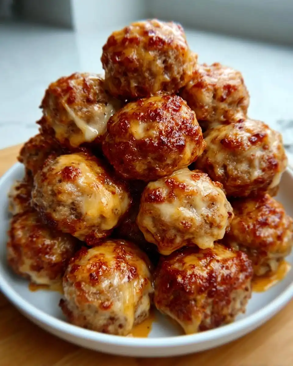 A mound of baked Turkey Rotel Sausage Balls piled high on a white plate, topped with melted, browned cheese.