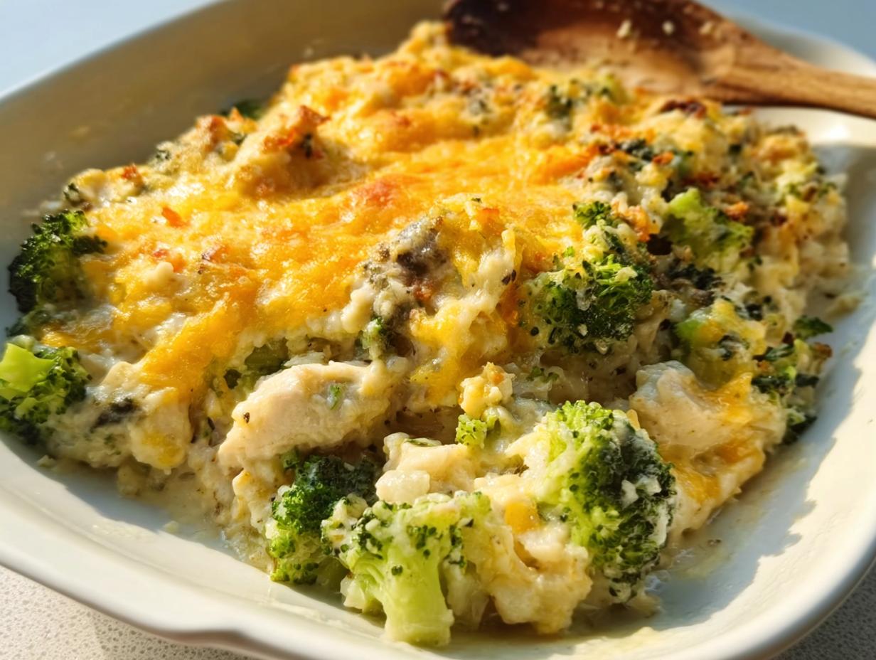 A close-up view of the finished Chicken Broccoli Low Carb Bake, showing chunks of chicken, bright green broccoli florets, and a melted, bubbly cheddar cheese topping.
