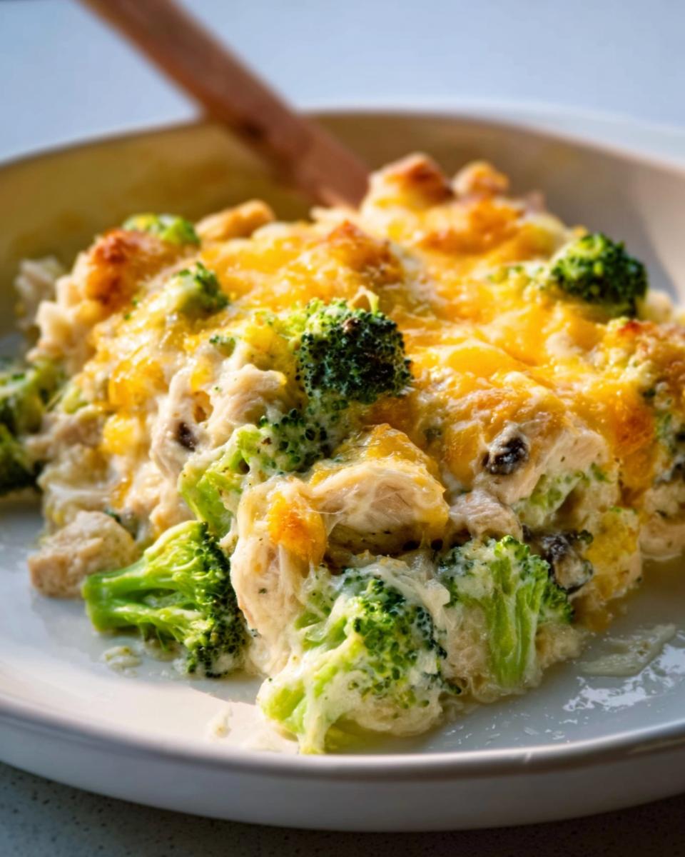A close-up serving of Chicken Broccoli Low Carb Bake, featuring tender chicken, bright green broccoli florets, and a melted, golden cheese topping.