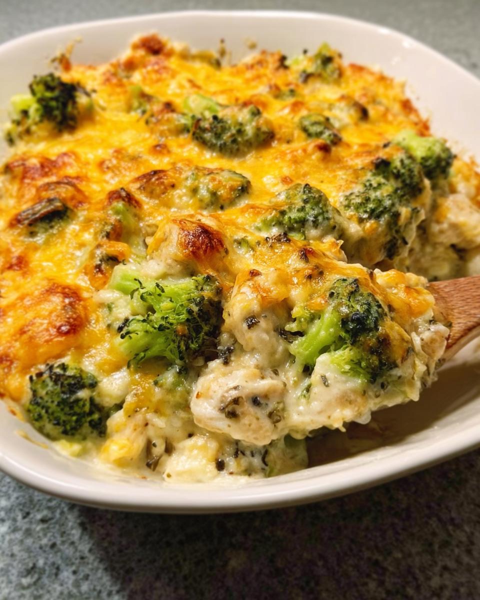 A spoonful of creamy Chicken Broccoli Low Carb Bake topped with melted, browned cheddar cheese.