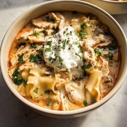 Close-up of a hearty bowl of Chicken Lasagna Soup topped with a dollop of ricotta cheese and fresh herbs.