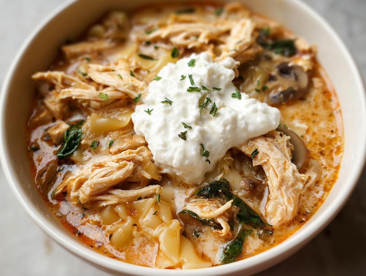 Close-up of a hearty bowl of Chicken Lasagna Soup topped with a dollop of ricotta cheese and herbs.