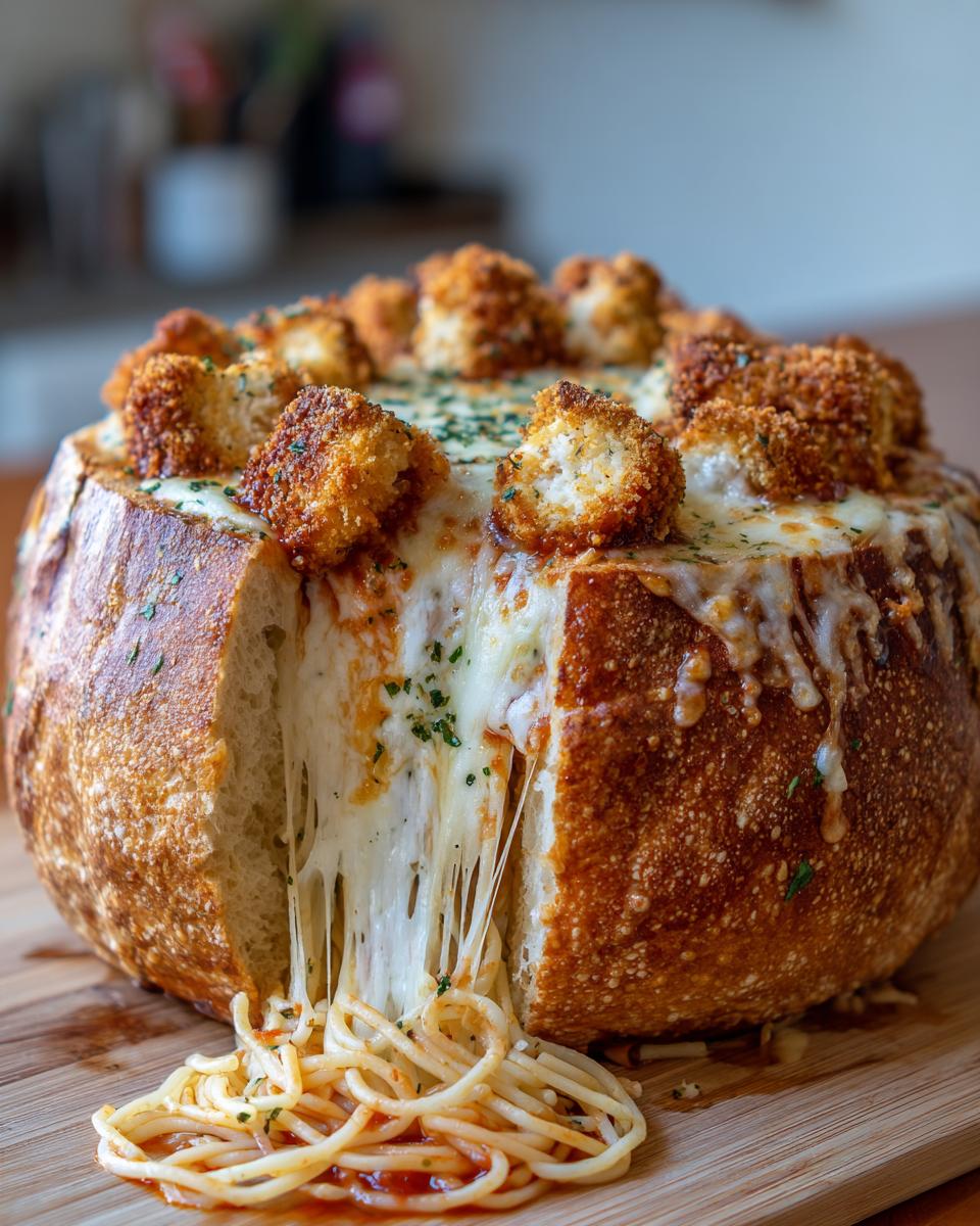 A cross-section of the Chicken Parmesan Spaghetti Bread Bowl showing melted cheese stretching as spaghetti spills out.