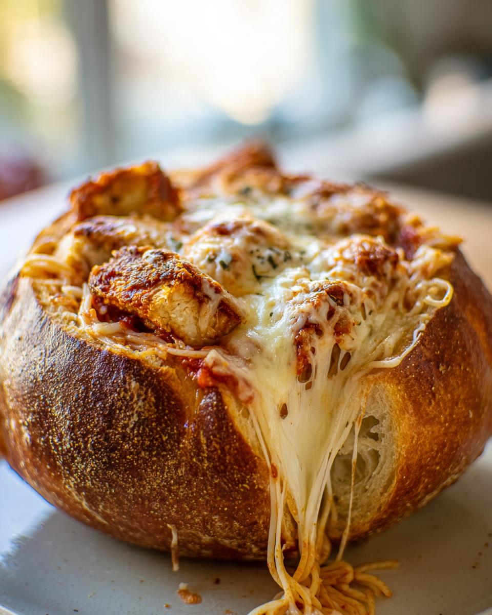 Close-up of a Chicken Parmesan Spaghetti Bread Bowl with melted, stretching mozzarella cheese.