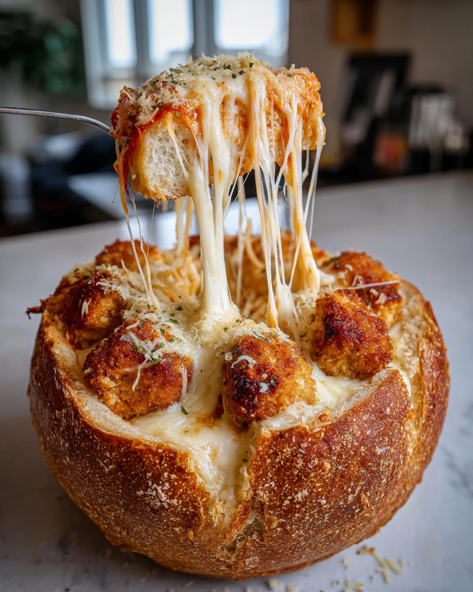 A piece of bread is pulled from the Chicken Parmesan Spaghetti Bread Bowl, showing extreme cheese pull.