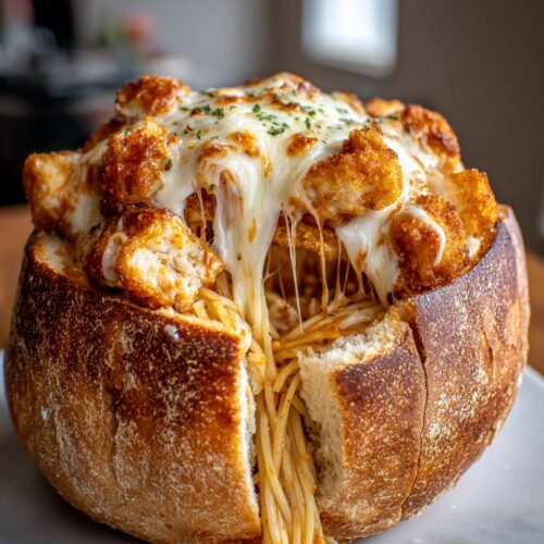 Extreme close-up of a Chicken Parmesan Spaghetti Bread Bowl with melted, stretchy cheese dripping over crispy chicken pieces.