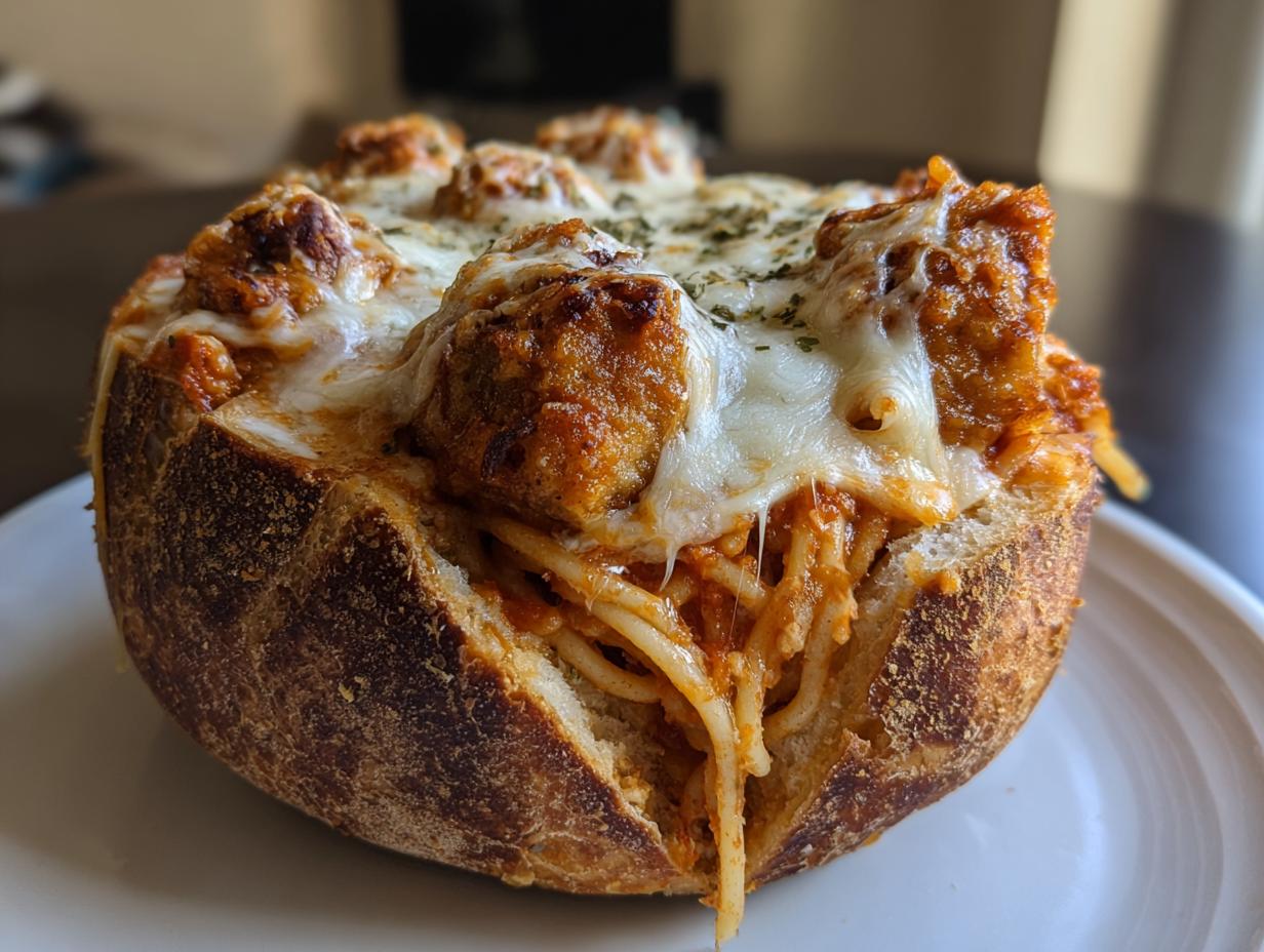A close-up of a Chicken Parmesan Spaghetti Bread Bowl topped with melted mozzarella cheese and meatballs.