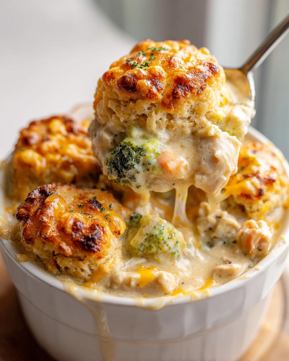 A spoonful of creamy Chicken Pot Pie with Broccoli Cheddar Topping being lifted from a white ramekin.