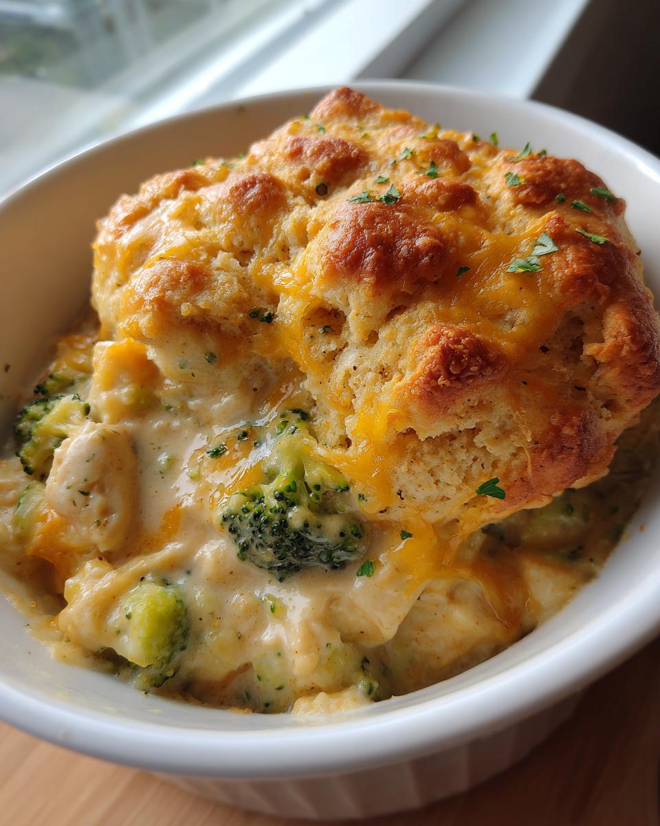 Close-up of Chicken Pot Pie with Broccoli Cheddar Topping featuring a golden biscuit top over creamy filling.