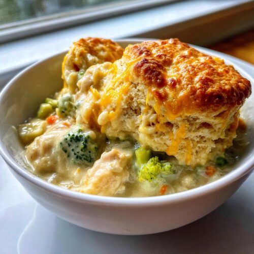 A close-up of Chicken Pot Pie with Broccoli Cheddar Topping served in a white bowl, featuring a creamy filling and golden biscuits.