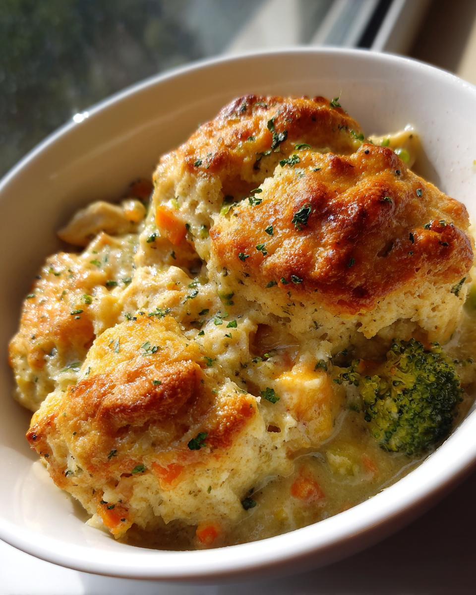 Close-up of Chicken Pot Pie with Broccoli Cheddar Topping, featuring golden biscuits over creamy filling with visible broccoli.