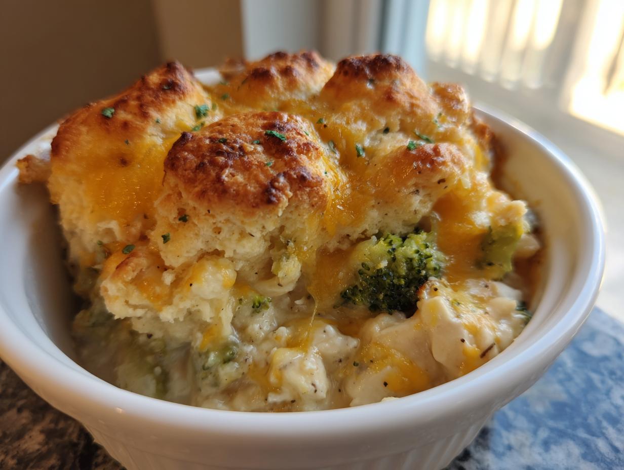 Close-up of Chicken Pot Pie with Broccoli Cheddar Topping baked in a white ramekin with a golden biscuit crust.