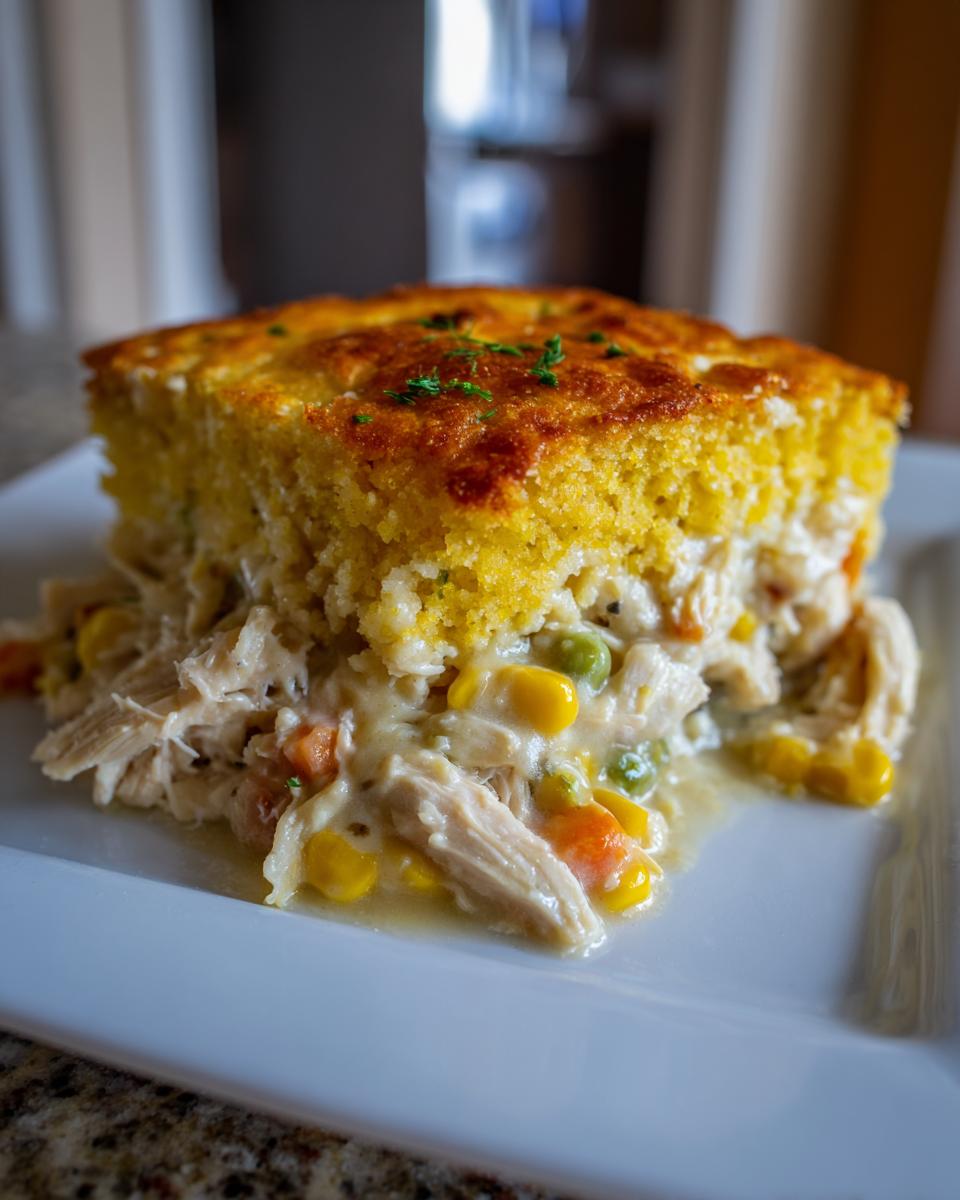 A generous serving of Chicken Pot Pie with Cornbread Crust, showing shredded chicken and vegetables in a creamy sauce under a golden cornbread topping.