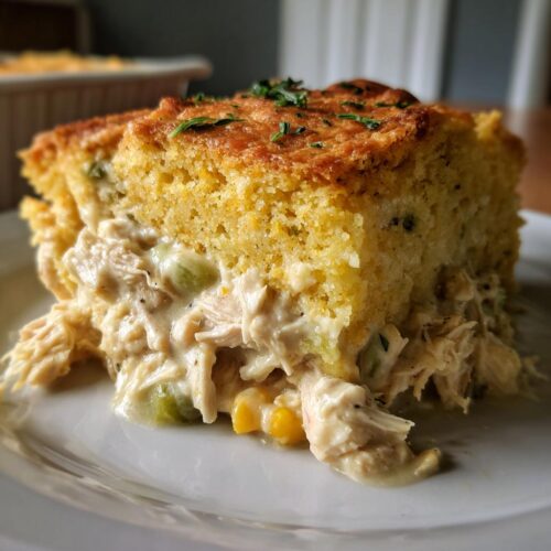 A hearty slice of Chicken Pot Pie with Cornbread Crust showing creamy filling and golden top.