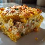 Close-up of a square slice of Chicken Pot Pie with Cornbread Crust showing creamy filling and golden top.