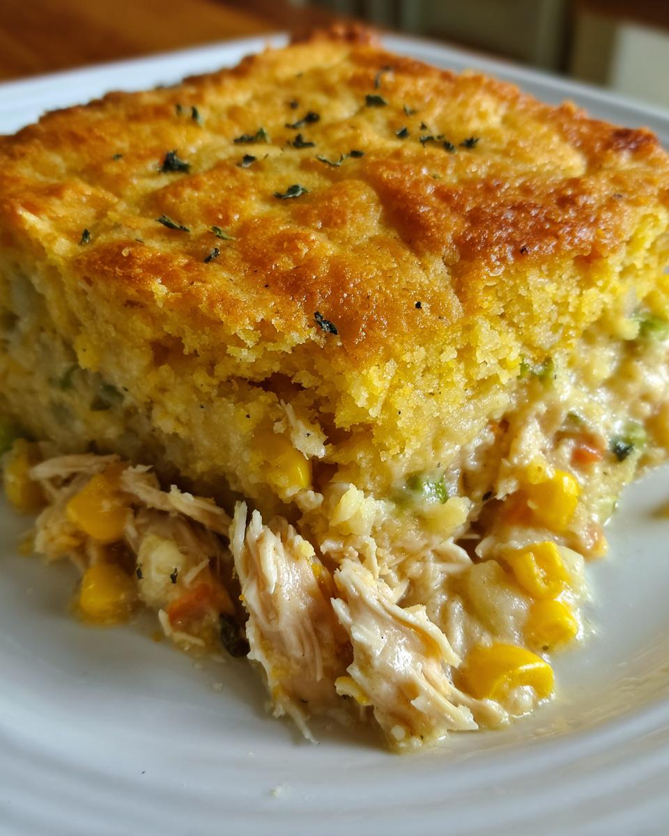 A close-up of a serving of Chicken Pot Pie with Cornbread Crust, showing shredded chicken and corn filling under a golden cornbread topping.