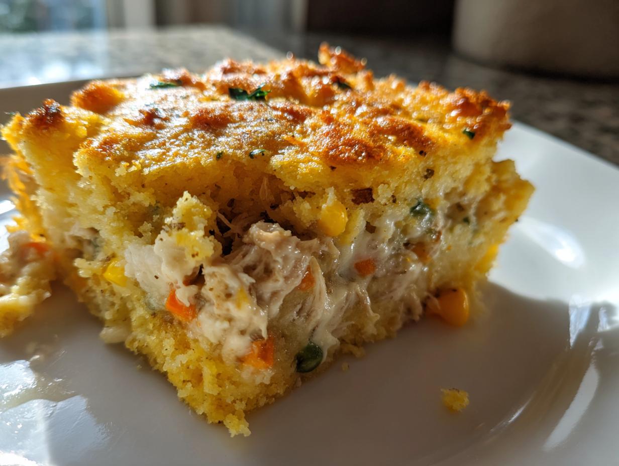 Close-up of a square slice of Chicken Pot Pie with Cornbread Crust showing creamy filling and golden top.