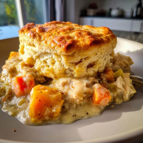 Close-up of Chicken Pot Pie with Sweet Potatoes, featuring a thick, golden biscuit topping over creamy chicken and orange sweet potato filling.