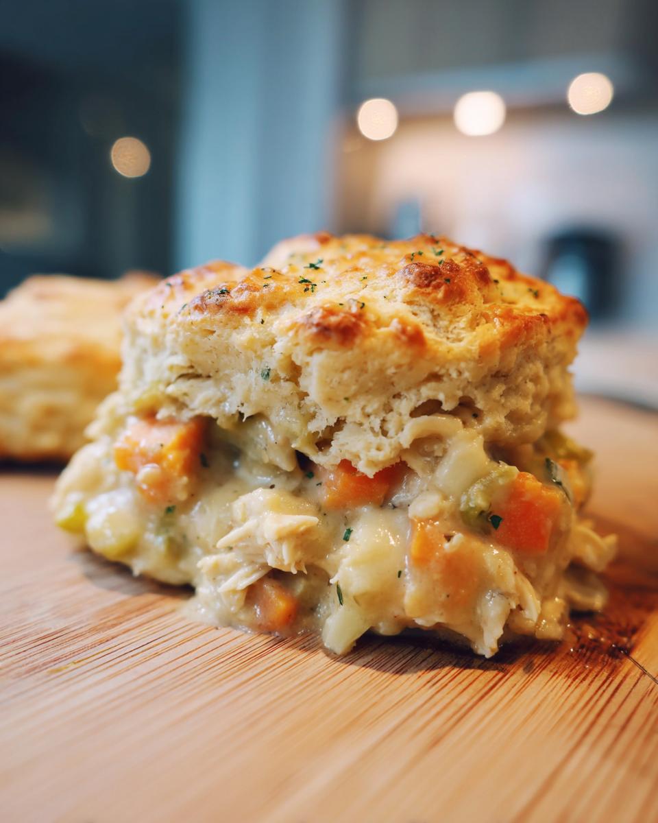 A biscuit is split open, revealing a creamy filling of chicken, carrots, and sauce from the Chicken Pot Pie with Sweet Potatoes.