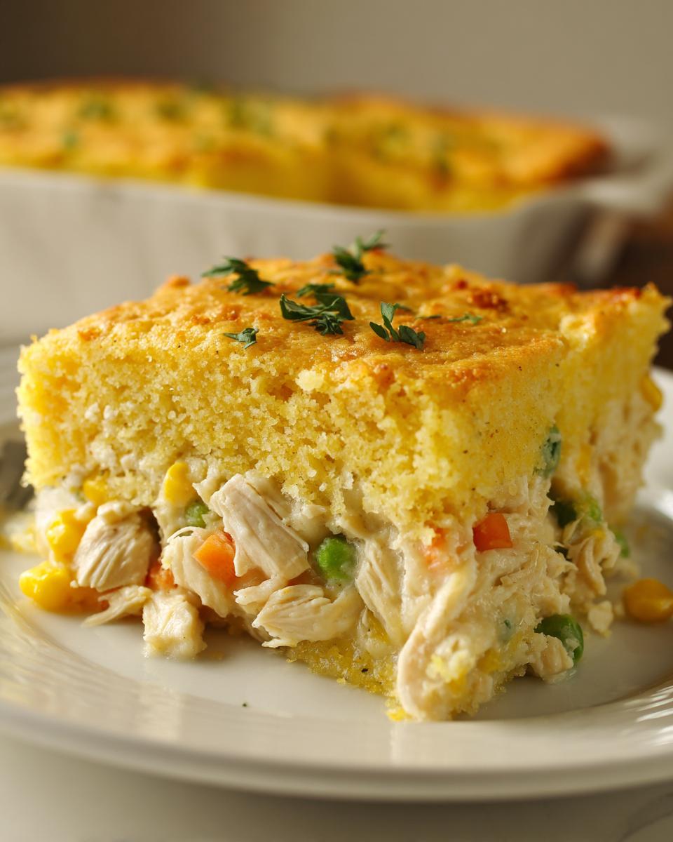 A hearty slice of Chicken Pot Pie with Cornbread Crust showing shredded chicken and mixed vegetables.