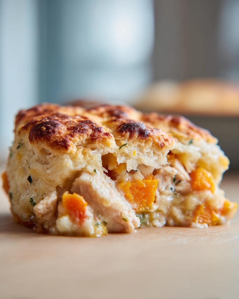 A close-up cross-section of Chicken Pot Pie with Sweet Potatoes, showing creamy filling, chicken chunks, and bright orange sweet potatoes under a golden crust.