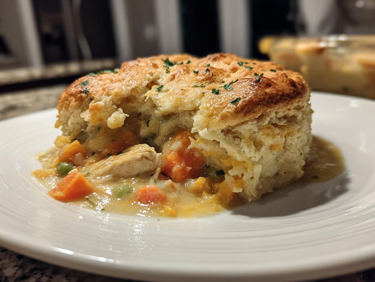 Close-up of a serving of Chicken Pot Pie with Sweet Potatoes, showing a flaky biscuit top over creamy filling with chicken and orange sweet potato chunks.