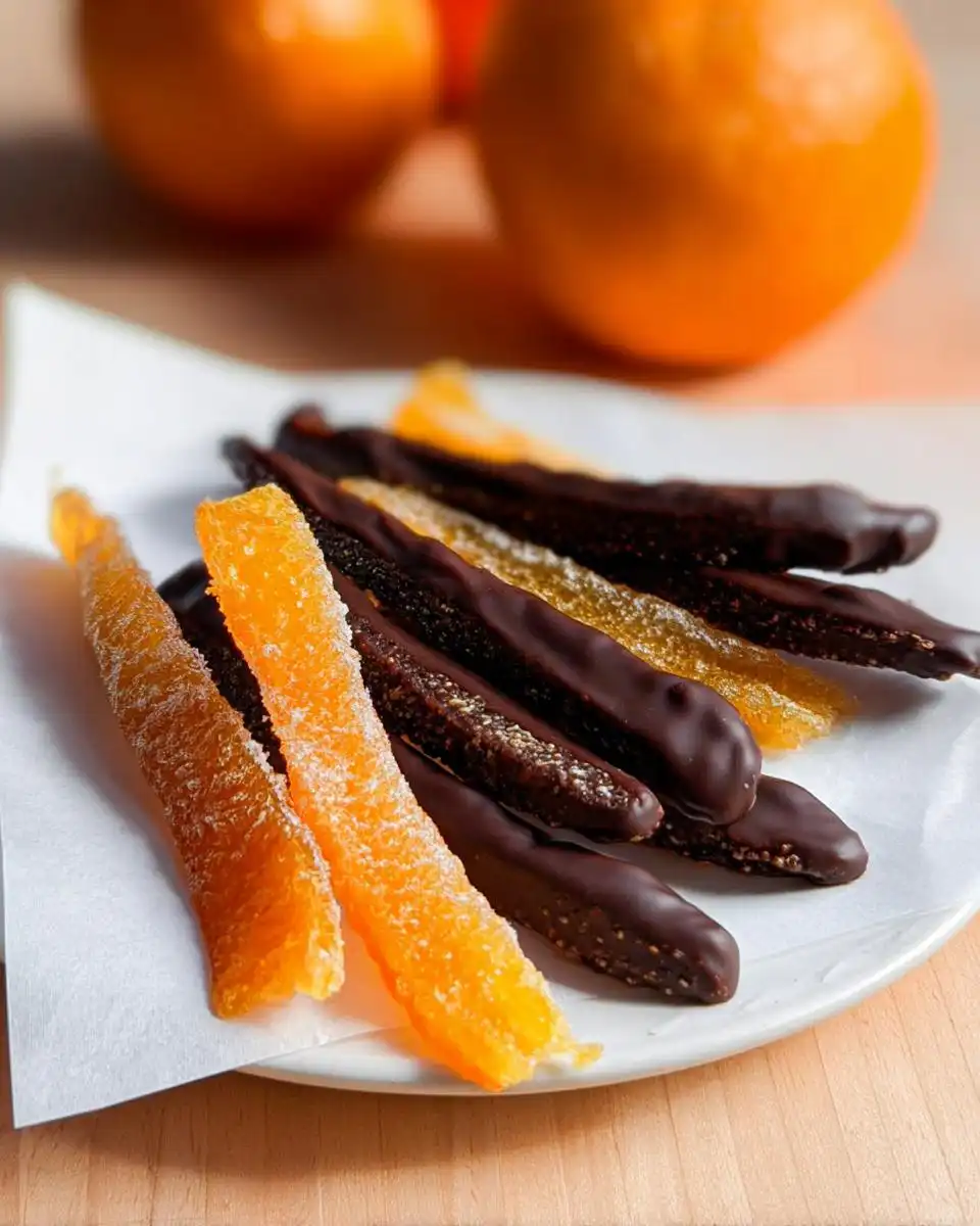 A plate featuring both sugared and dark chocolate-dipped candied orange peel strips, with fresh oranges blurred in the background.