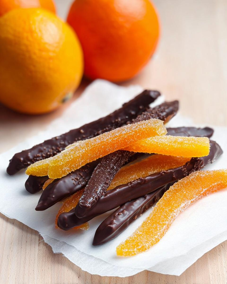 A pile of Chocolate-Dipped Candied Orange Peel, some coated in sugar and some dipped in dark chocolate.