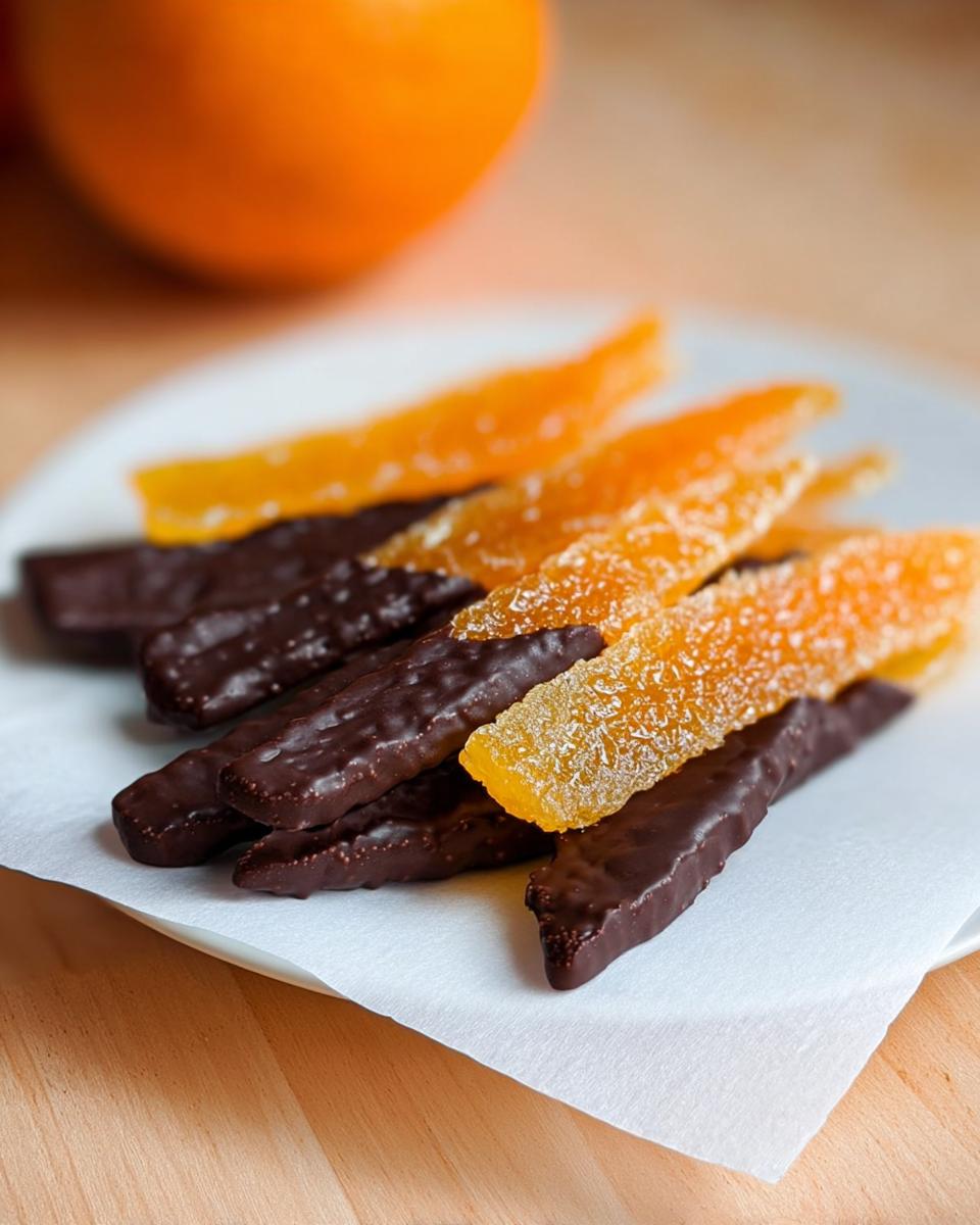 Close-up of Chocolate-Dipped Candied Orange Peel strips, some sugared and some coated in dark chocolate.