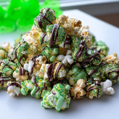 A pile of festive Chocolate Drizzle Leprechaun Popcorn covered in green and yellow sprinkles and drizzled with dark chocolate.