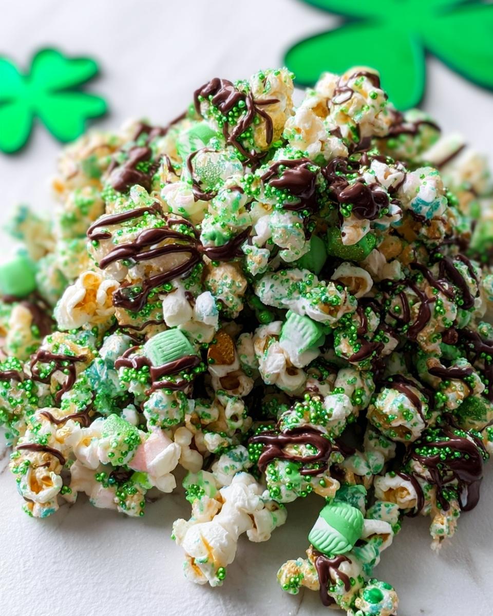 A pile of festive Chocolate Drizzle Leprechaun Popcorn covered in green sprinkles and drizzled with dark chocolate.
