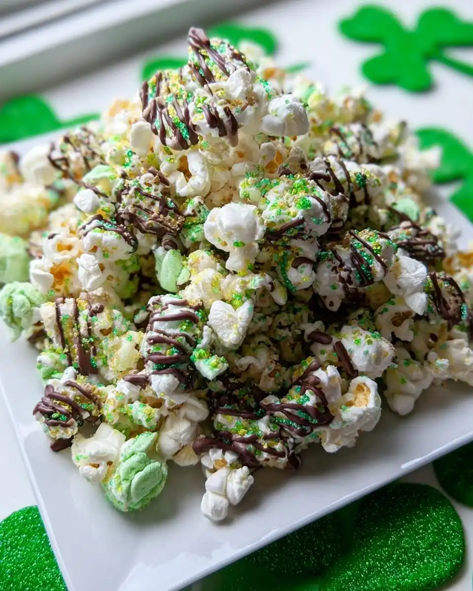 A mound of Chocolate Drizzle Leprechaun Popcorn topped with green sprinkles and drizzled with dark chocolate.