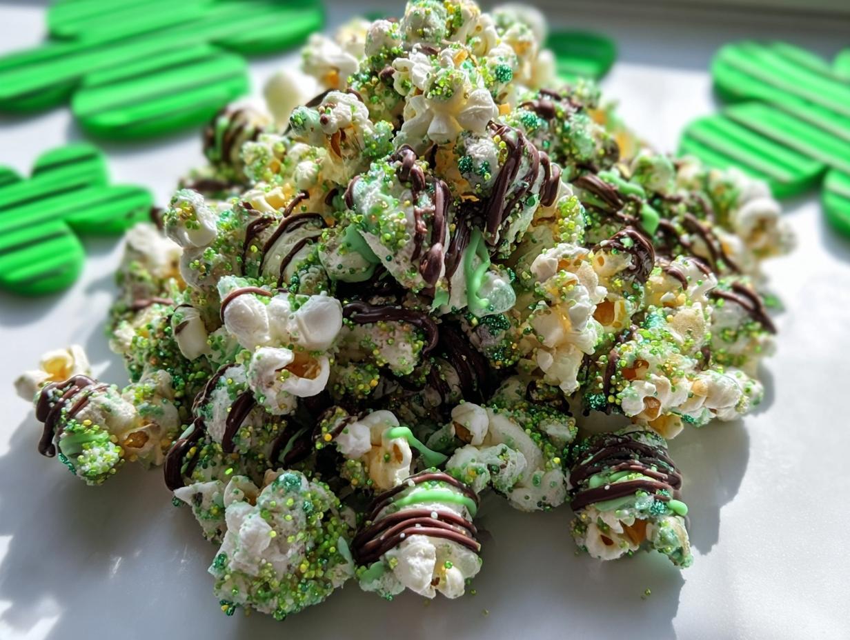 A festive pile of Chocolate Drizzle Leprechaun Popcorn covered in green and yellow sprinkles and drizzled with chocolate.