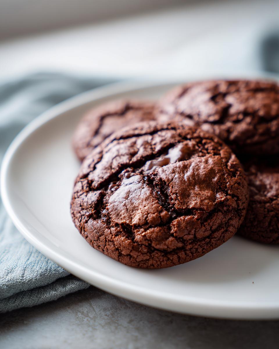 Close-up of several rich, dark Chocolate Fudge Cookies with cracked, crinkly tops served on a white plate.