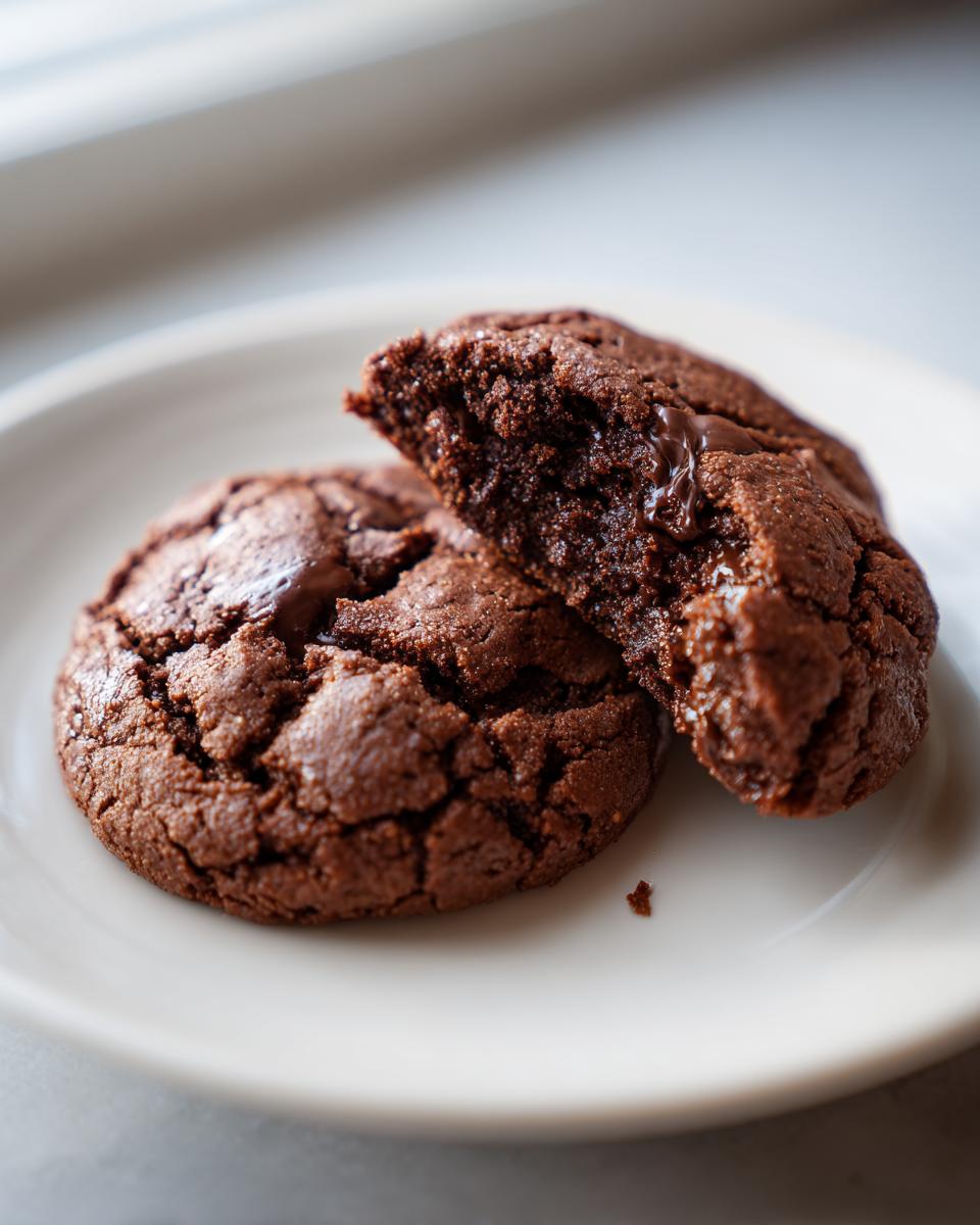 Close-up of two Chocolate Fudge Cookies, one broken open revealing a molten, gooey center.